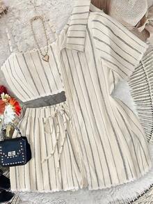 GlowEve 3pcs/Set Women's Casual Elegant Beach Vacation Minimalist Versatile Apricot, Black & White Striped Collared Sleeveless Tank Top, Spring/Summer - Multicolor - View 1