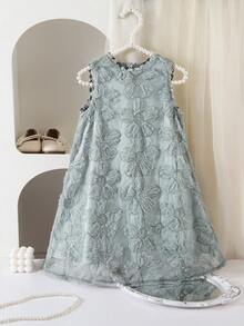 SHEIN One-Piece Young Girl Sleeveless Round Neck Solid Color Back Big Bow Decor A-Line Lace Embroidered Dress, Cute & Elagant & Sweet & Vintage & - Blue - View 4