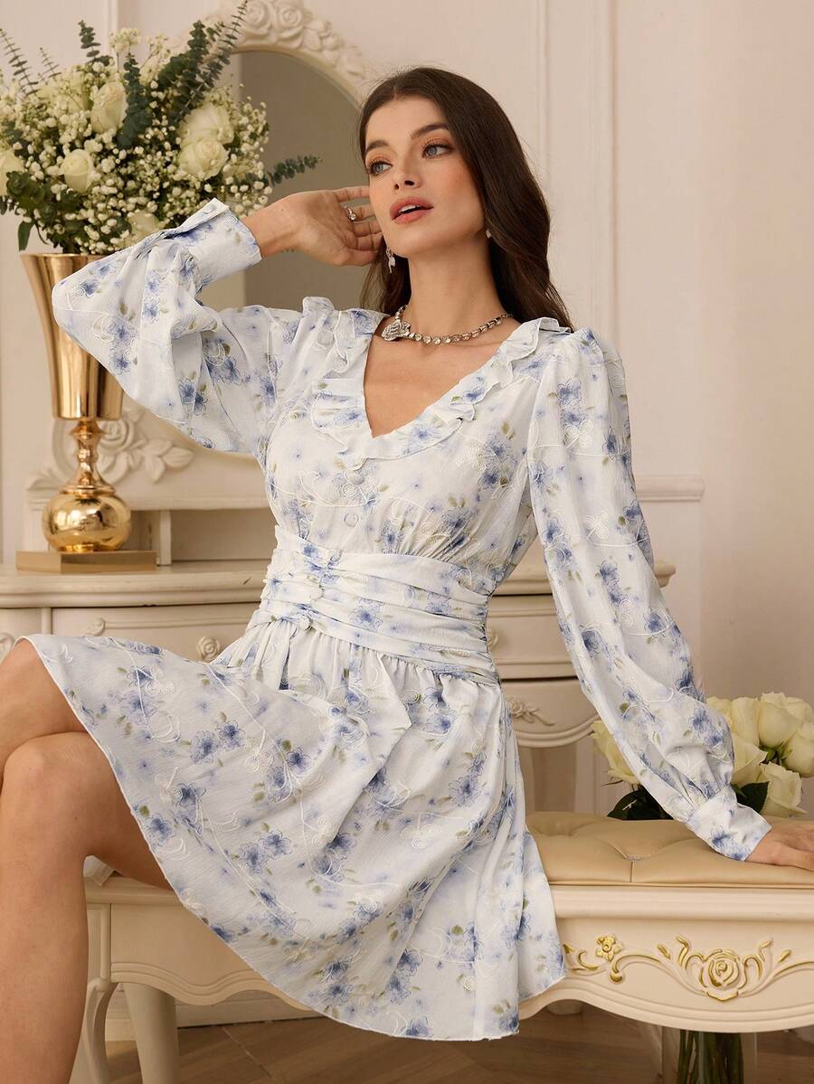 Modelyn 女士精致法式蓝白碎花荷叶边V领泡泡袖腰部褶裥短裙 - 彩色 - 查看 1