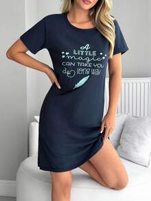 EURMUSE Đầm ngủ nữ Cotton Line cổ tròn tay ngắn màu xanh navy thoải mái, kiểu dáng thường ngày. - Màu xanh hải quân - Xem 6