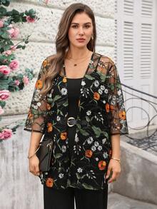 EMERY ROSE Veste décontracté polyvalente en mousseline de soie avec broderie florale, grande taille - Multicolore - Voir 5