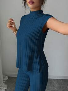 Elenzga 2pcs Casual Elegant Set: Short Sleeve Ribbed Top And Pants - Royal Blue - View 3