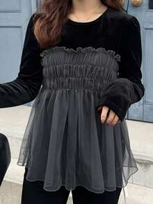 FRIFUL Women's Round Neck Velvet Layered Mesh Ruffle Hem T-Shirt - Black - View 2