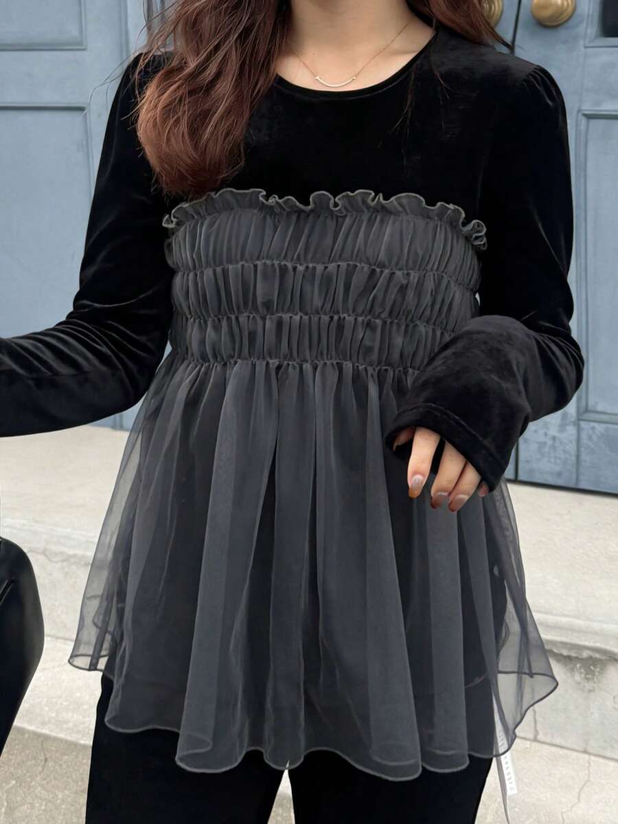 FRIFUL Women's Round Neck Velvet Layered Mesh Ruffle Hem T-Shirt - Black - View 1