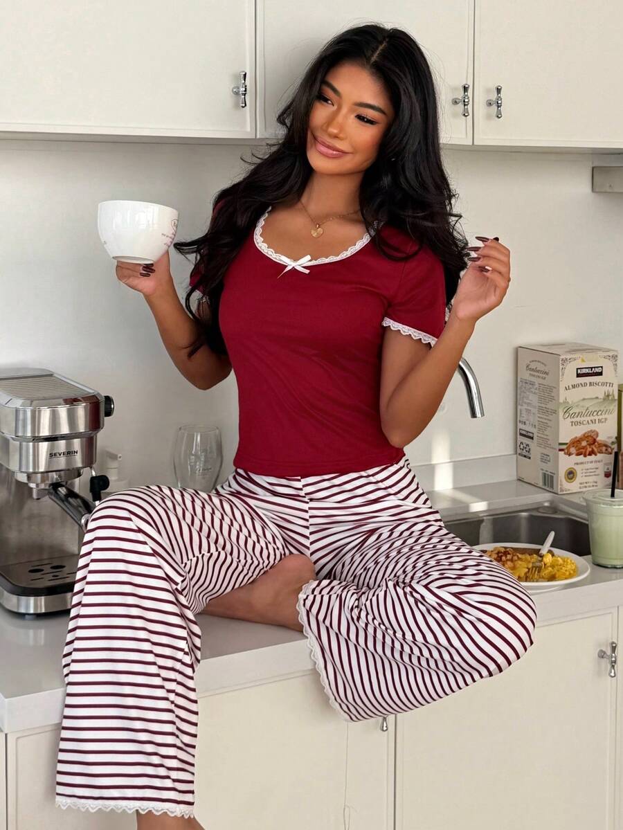 SHEIN Women's Casual Lace Trim Square Neck Short-Sleeved Top Striped Print Long Pants Pajama Two Pieces Set - Burgundy - View 1
