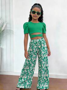 Sparklyn Tween Girl Vacation Casual Solid Color Puff Sleeve Hollow Out Cropped Top & Floral Print Long Pants 2 Pieces Set - Green - View 4