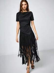 Maija Women's Black Suede Fabric Mid-Waist Cinched Waist Fringe Patchwork Design Flattering Slimming Chic Vacation Boho Casual Versatile Country Music Festival Western Style Bohemian Elegant Versatile Country Music Festival Skirt - Black - View 3