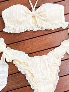 Swim SXY Set bikini sexy și drăguț, cu volane, din material jacquard, culoare uni, cu legături în față și halter, costum de baie din 2 piese pentru femei - Bej - Vizualizare 4