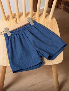 SHEIN Streecool Kids Young Boy Plain Front Button Short Sleeve Shirt And Elastic Waist Pocket Casual Outfit - Blue - View 6