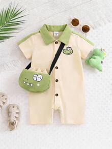 2件套男婴可爱刺绣恐龙短袖polo领绿色拼接杏色连体衣短裤及斜挎包套装，春夏款，婴幼儿服装，适合6个月至3岁宝宝。