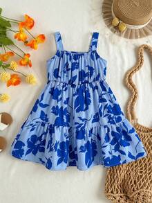 Travachic KIDS Young Girl Floral Print Ruffle Hem Summer Vacation Dress - Baby Blue - View 2