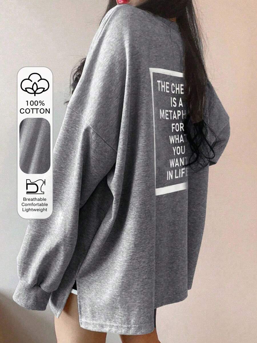 DAZY 女士标语印花圆领长袖T恤，适合春季穿着。“切·格瓦拉是你想要的生活的隐喻”，秋季服装图案T恤 - 灰色 - 查看 1