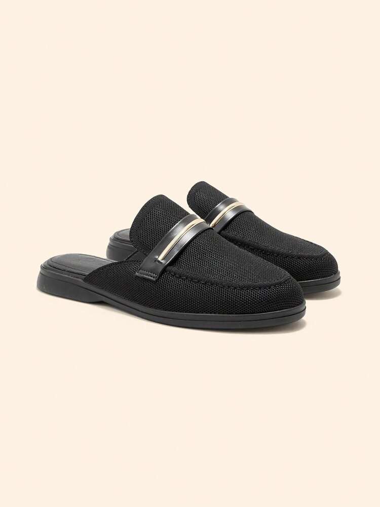 CUCCOO BASICS Women's Fashion Black Knit Fabric Comfortable Slip-On Mules, Flat Casual Loafers Suitable For Outdoor, Work, Daily Wear Valentine's Day