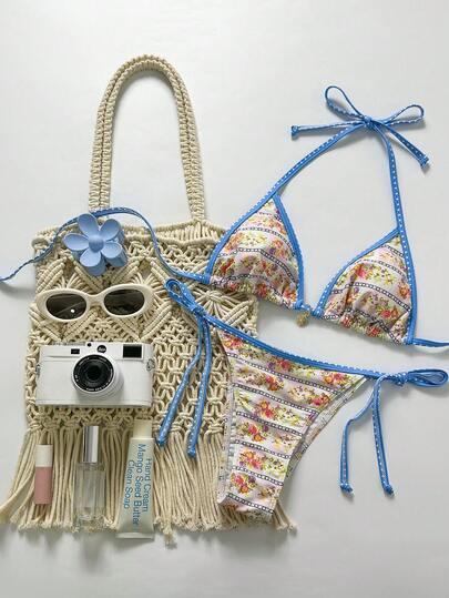 Swim Mod Dambikiniset med slumpmässigt tryck och spaghettiband i metalldekor, strandsemester, 2 delar