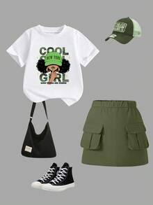 Sparklyn 2件套少女休闲时尚百搭摇滚风图案及简约英文标语舒适圆领T恤搭配迷你裙套装，适合春夏穿着，轻盈舒适，秋冬可叠穿，时尚休闲，返校季、户外野餐、街头摄影、校园、节日等场合，亦可作为礼物。 - 彩色 - 查看 5