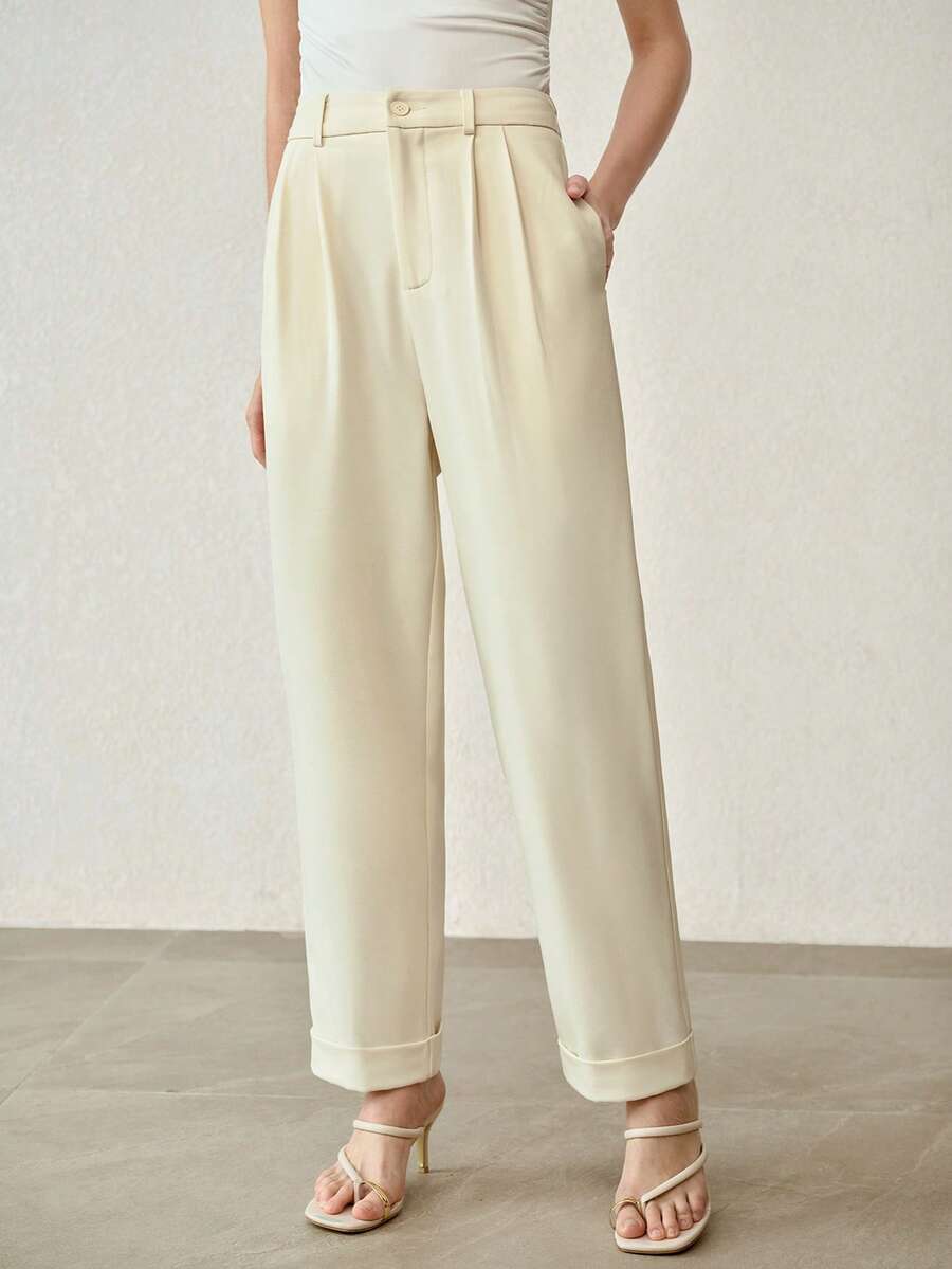 MOTF PREMIUM 女士高腰锥形裤，春夏新款休闲西装裤 - 卡其色 - 查看 1