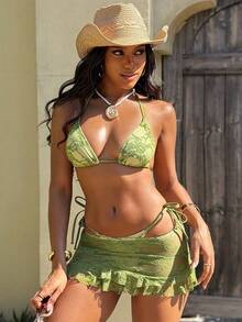 Vaytide 3 件套女士纯色性感蕾丝荷叶边性感迷你裙，蕾丝双三角杯坦加比基尼泳装 - 綠色 - 查看 7