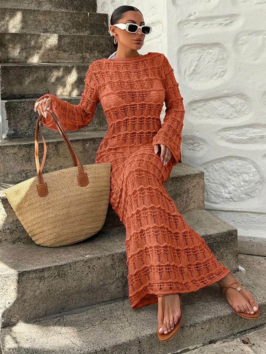 EURMUSE Vacation Beach Solid Color Hollow Out Knit Dress - Camel - View 1