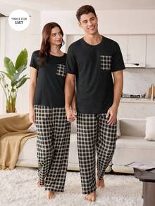 SHEIN 2pcs/Set Men's Plaid Pocket Round Neck Short Sleeve Pajama Set, Loungewear - Multicolor - View 1