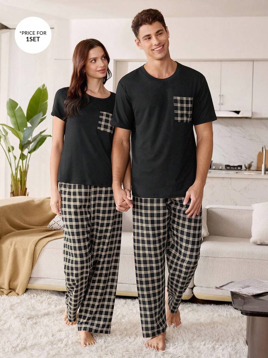 SHEIN 2pcs/Set Men's Plaid Pocket Round Neck Short Sleeve Pajama Set, Loungewear - Multicolor - View 1