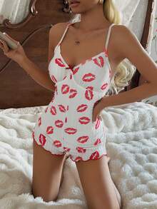 SHEIN Lip Print Sexy V-Back Criss-Cross Strap Design Fitted Comfortable Women Jumpsuit Pajamas - White - View 4