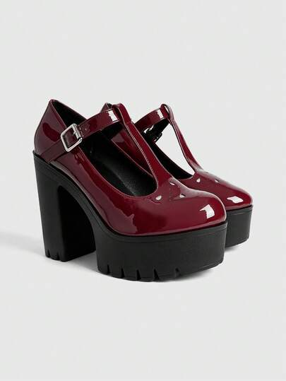 Sugerpunk Women's Sexy Burgundy Thick Sole Platform Pumps, Spring/Autumn Fashion Solid Color Round Toe Hollow T-Strap Buckle Decor Party Outing Date High Heel Mary Jane Shoes Valentine's Day