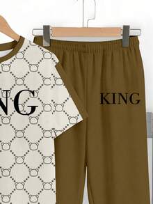 男童新款休闲简约经典复古花卉图案英文字母“King”运动风宽松舒适时尚简约圆领短袖T恤和裤子套装 - 彩色 - 查看 5