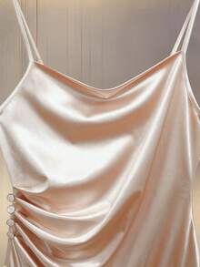 Franclia Women's Plunging Neckline Ruched Waist Fashionable Versatile Bodysuit Gold Bodysuit Draped Bodysuit Cream Bodysuit Beige Bodysuit Satin Bodysuit Metallic Bodysuit One Piece Gold Sleeveless Top Beige Sleeveless Top