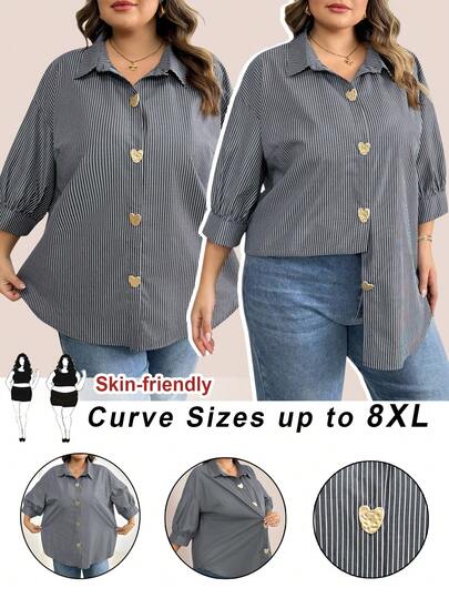 SHEIN CURVE+ CURVE PLUS /Valentine's Day/New Autumn Product In Plus Size, Plus Size Casual Simple Basic Versatile Metal Buckle Striped Loose Women's Shirt/2026 /New YearCasual Dressing And Valentine's Day Clothing