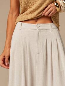 COSMINA Women's Pleated Pocket Design Linen Pants, Suitable For Summer Vacation, Beach, Apricot Color, Wide Leg Casual Wear Women's Summer Pants Bohemian Pleated Wide Leg Pants Wide Leg Pants Women High Waist Palazzo Pants Palazzo Pants Women - Apricot - View 2