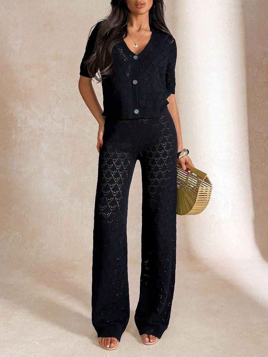 EURMUSE Black Crochet Button Front Crop Cardigan & Knit Hollow Out Pant Beachwear Cover Up Set - Black - View 1