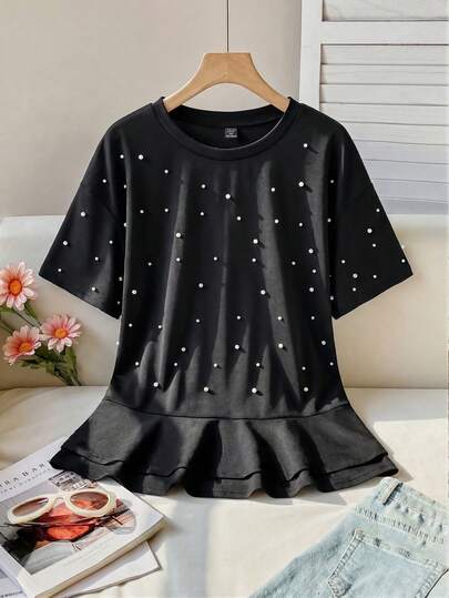 Franclia Plus Size Beaded Ruffle Trim Round Neck Short Sleeve Casual T-Shirt