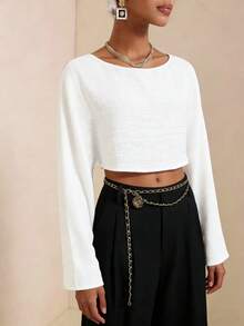 SHEIN Veneréa 女士纯色圆领休闲百搭通勤长袖衬衫 - 白色 - 查看 3