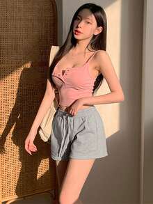 DAZY Women's Solid Color Drawstring Waist Casual Shorts, Suitable For Summer Sweater Shorts - Grey - View 2