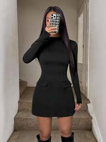 SHEIN PETITE 高领收腰修身A字长袖休闲宽松通勤复古迷你连衣裙,适合秋冬季女性,黑色长袖连衣裙,优雅黑色连衣裙,黑色职业装,修身黑色连衣裙,秋季 - 黑色 - 查看 12