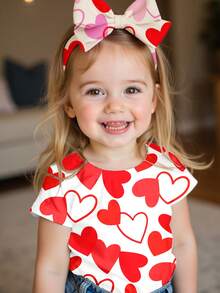 可爱甜美少女粉色爱心图案T恤，休闲简约短袖圆领T恤，适合春夏日常穿着，时尚少女休闲装扮，甜美爱心图案服饰，新款，返校季，情人节氛围 - 彩色 - 查看 4