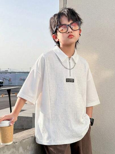 男童休闲撞色拼接Polo领短袖衬衫，适合通勤、上学、日常休闲穿着、运动、春夏季节，白色衬衫，Y2K风格套装，适合春夏秋季节、外出、情人节、约会、新年、旅行、度假、家庭聚会、返校季、婚礼季、正式晚宴、健身等场合。