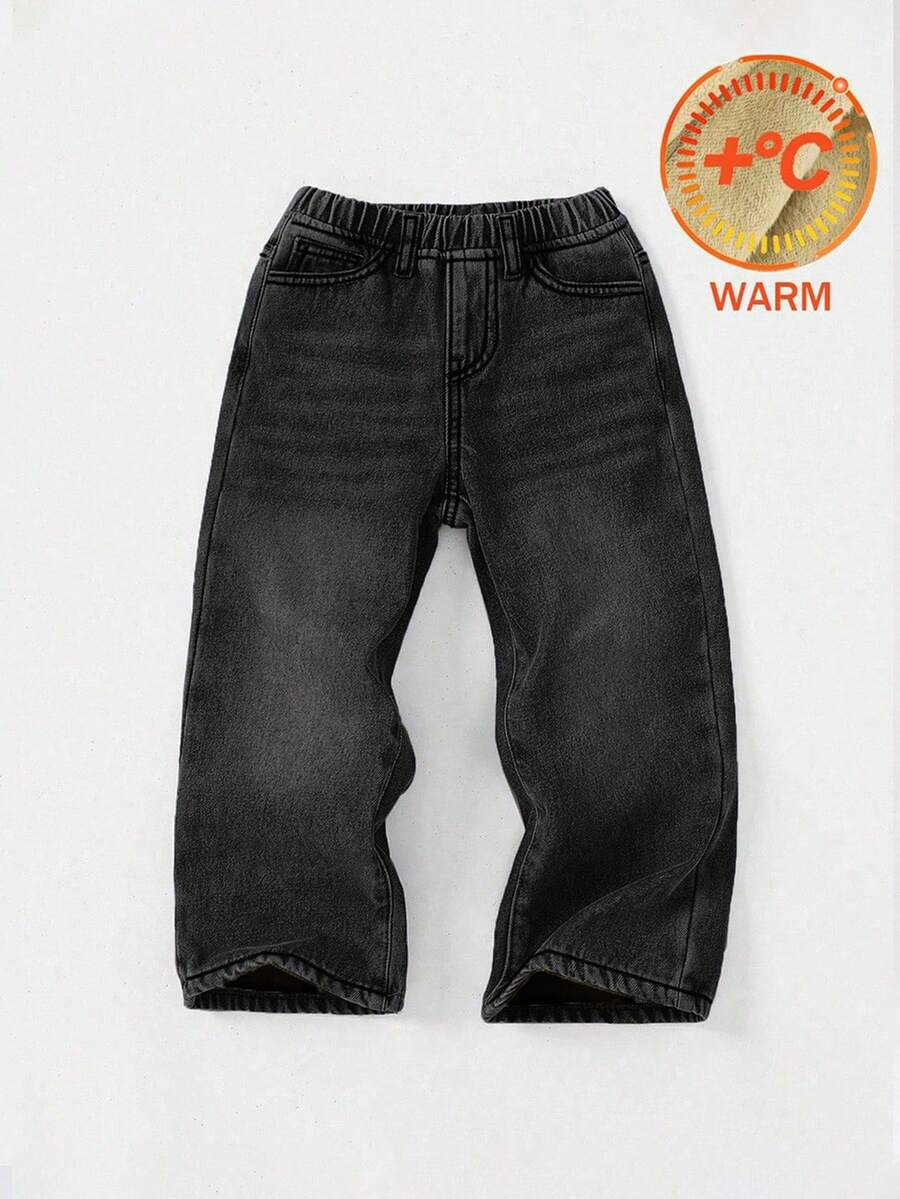 SHEIN Young Boys Loose Fit Blue Denim Thermal Lined Pants, Autumn/Winter - Black - View 1