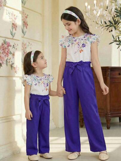 SHEIN Tween Girls' Casual Floral Print Round Neck Cap Sleeve Shirt Top And Straight Waist Paper Bag Pants 2-Piece Coordinating Set, Purple