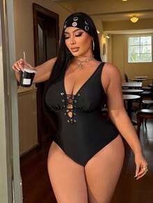 Swim SXY Plus Size Women's One-Piece Drawstring Sexy Backless Swimsuit, Suitable For Vacation And Party - Black - View 3
