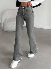 EURMUSE 98%Cotton Washed Casual Flare Jeans With Slanted Pockets - Light Grey - View 4