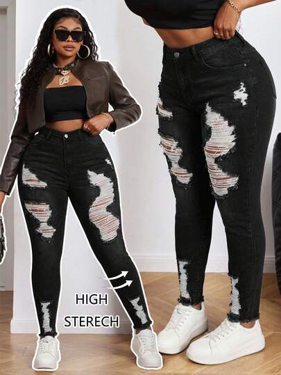 Slaydiva Blue Plus Size Jeans Casual Skinny Stretch Ripped Tights