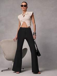 Hauture Women's Simple Office Daily Wool-Like Brushed Woven Flare Pant - Black - View 5