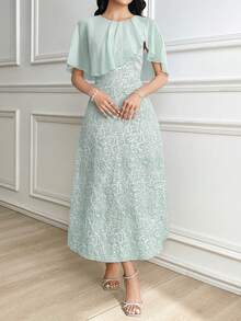 Modelyn 女士优雅浪漫修身提花中长连衣裙，日常穿着 - 淡綠 - 查看 5