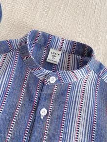 PrepCrw 2pcs Young Boys Elegant Urban College Blue & White Striped Woven Slim Fit Mandarin Collar Short Sleeve Top And White Shorts, Suitable For Casual Daily, Outings, Gatherings, Festivals, Spring & Summer - Multicolor - View 4
