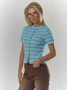 MUSERA Randig Ribstickad Knapp Genomknäppt Kortärmad Topp Mysig Söt Casual Kaffe Klubb Vinter Elegant Kvällsfest - Blå - Visa 5