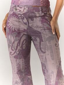 MUSERA 修身不对称低腰印花喇叭牛仔裤，酷女孩风格，外出性感，深红色冬季时尚单品 - 紫色 - 查看 5