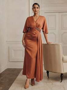 Anewsta Women's Elegant Party Summer Rusty Orange V-Neck Batwing Sleeve Dress,Waist Ruched Rhinestone Decor Cinched Satin Mermaid Hem Valentine's Day Dress - Redwood - View 4