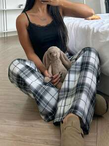 Teen Girl Lace Patchwork Camisole And Plaid Wide Leg Pants Casual Loungewear Set - Black - View 4