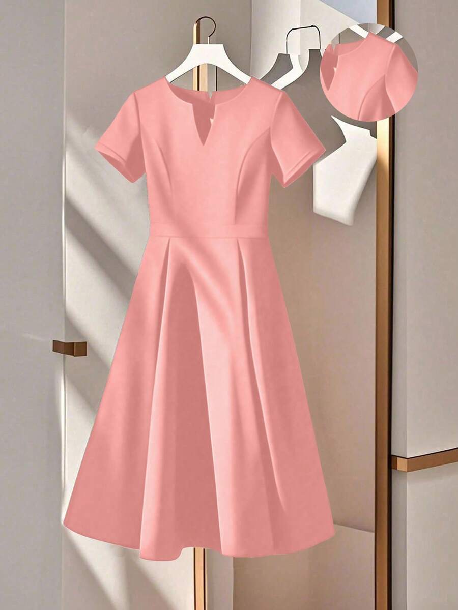 GlowEve CURVE Đầm nữ cỡ lớn, màu trơn, cổ chữ V, kiểu dáng thường ngày. - Hồng - Xem 1
